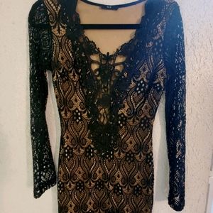 Black lace long sleeve mini dress